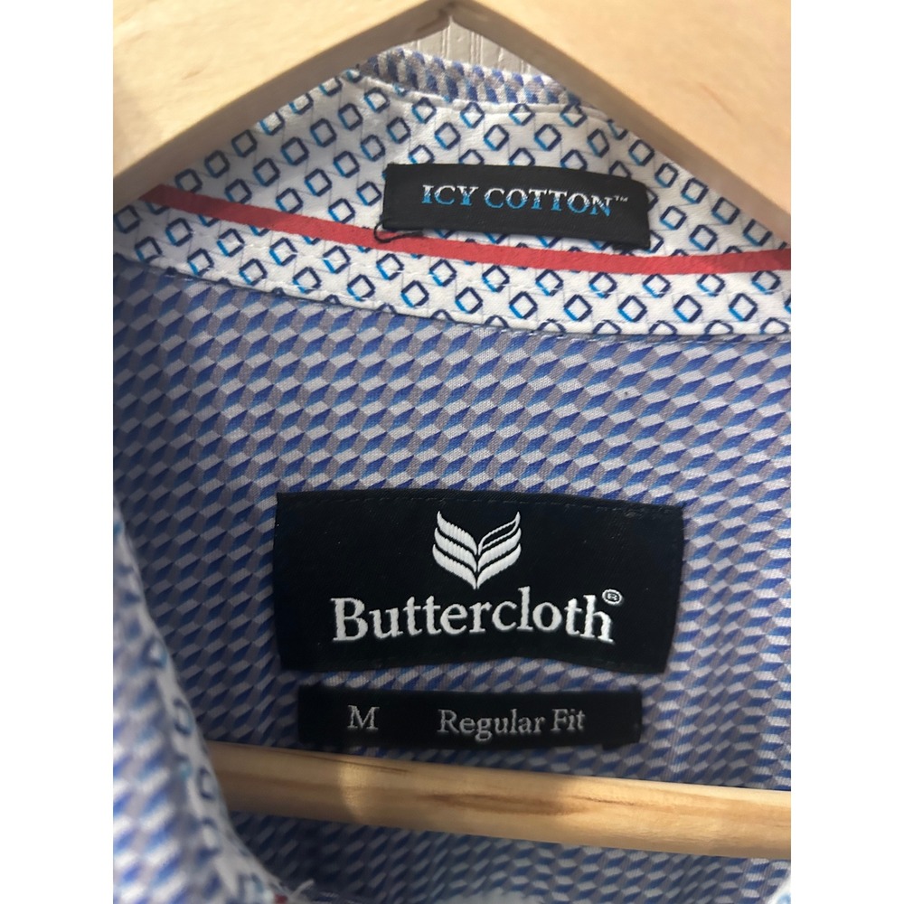 Buttercloth Icy‎ Cotton Mens Blue Geometric Print Knit Button Down Shirt Medium